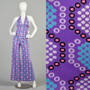 XS 1970s Jumpsuit Vintage Purple Geometric Printed Wide Leg Palazzo Pant Halter Neckline Funky Outfit