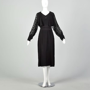 XL 1930s Dress Black Devore Velvet Sleeves Art Deco Little Black Dress