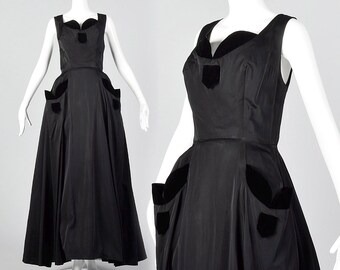 Piccolo abito anni '50, nero, lungo fino ai piedi, con finiture in velluto, abito da sera formale lungo, abbigliamento glamour da sera anni '50 vintage