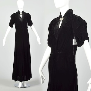 Small 1930s Dress Black Silk Velvet Formal Evening Gown Vintage Maxi Keyhole Neckline