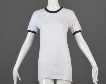 Small Deadstock 1970s Ringer Tee 70s T-Shirt TShirt White Cotton Navy Blue Ribbed Knit