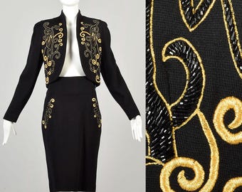 Medium 1980s Vintage Gold Embroidered Beaded Two Piece Black Knit Skirt Suit Set Lilli Rubin Dramatic Bold Ensemble Suit Skirt Jacket Bolero