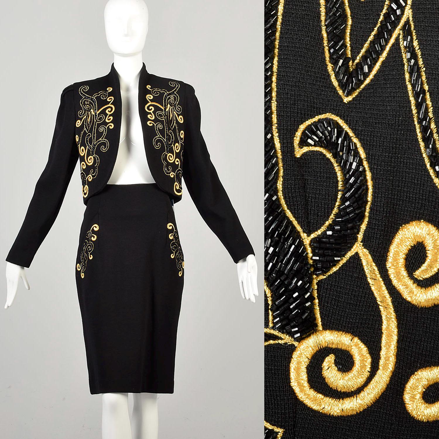 Medium 1980s Vintage Gold Embroidered Beaded Two Piece Black Knit Skirt Suit Set Lilli Rubin Dramatic Bold Ensemble Suit Skirt Jacket Bolero