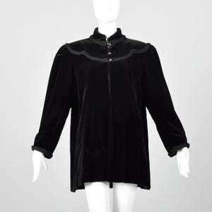 Large Yves Saint Laurent Rive Gauche Velvet Swing Coat Black Braided Trim Pockets Midweight Large Buttons 1980s Vintage Jacket