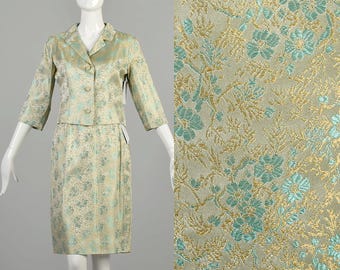 XS 1960s Teal Gold Silver Tones Set Floral Metallic Brocade Elbow Sleeve Jacket Pencil Skirt Ensemble Outfit Set