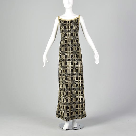 Balmain, 1970s Pierre Balmain Formal Black Maxi Dress with Geometric Gold Lurex Design