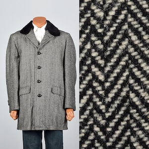 Large 1970s Mens Fall Autumn Winter Coat Black White Herringbone Wool Tweed Coat Removable Plush Collar Plush Lining Large 70s Vintage