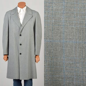 Grote vintage jaren 80 grijsblauwe geruite overjas casual alledaags alle weersomstandigheden halflange dichtgeknoopte lange mouw kantoor herfst herfst winterjas