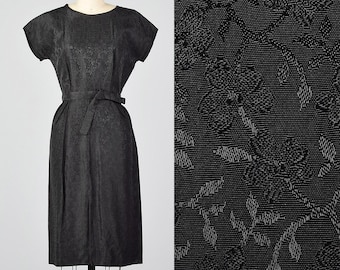 Mała, czarna sukienka vintage z lat 50. w stylu rockabilly, z kwiatowym brokatem, na imprezę koktajlową, w stylu pin-up