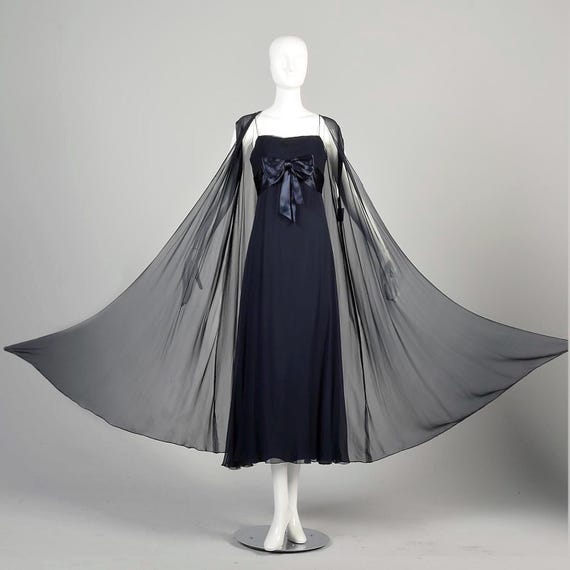 Small 1960s Formal Evening Gown Silk Chiffon Evening Dress Navy Blue Sheer Vest Topper