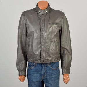 Large 1980s Vintage Gray Leather Bomber Jacket Shearling Lined Snap Front Classic Casual Grey Fall Autumn Men VTG Lightweight Leather Jacket