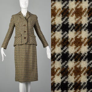 XXS 1960s Brown Plaid Skirt Suit Button Front Jacket Patch Pockets Straight Skirt Side Zip 60s Vintage Separates Skirt Set