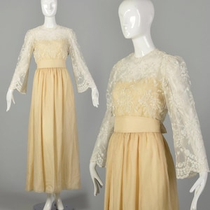 Small 1970s William Pearson Dress Lace Bohemian Long Bell Sleeve Bridal Wedding