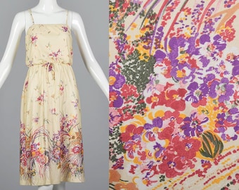 Kleine zomerjurk met bloemenrand korte boho-jurk vintage jaren 70/70 spaghettibandjes elastische taille gebroken wit