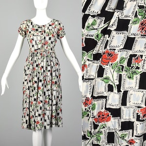 XS 1940s Novelty Print Dress Vintage 40s Rayon Dress Floral Day Dress 40s Rayon Dress Short Sleeve Dress