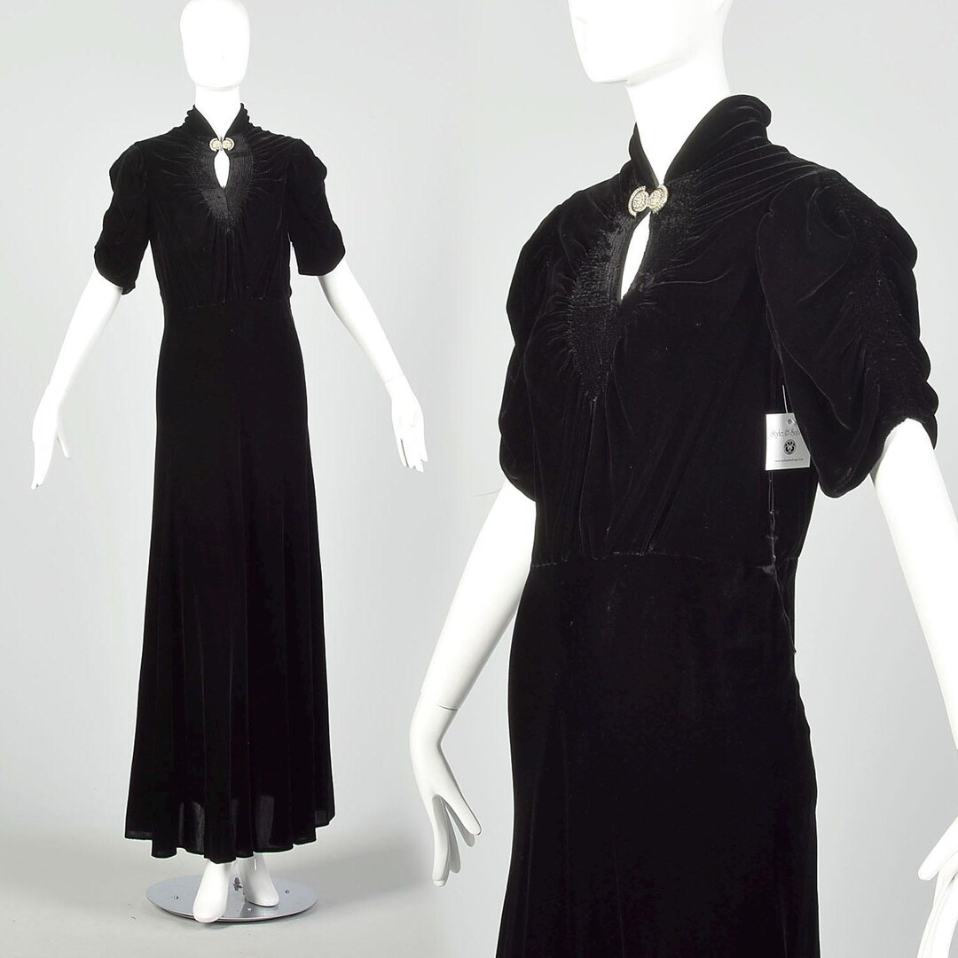 Small 1930s Dress Black Silk Velvet Formal Evening Gown Vintage Maxi ...