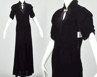 Vestido pequeño de los años 30, de terciopelo negro de seda, vestido de noche formal vintage, maxi, escote de ojo de cerradura