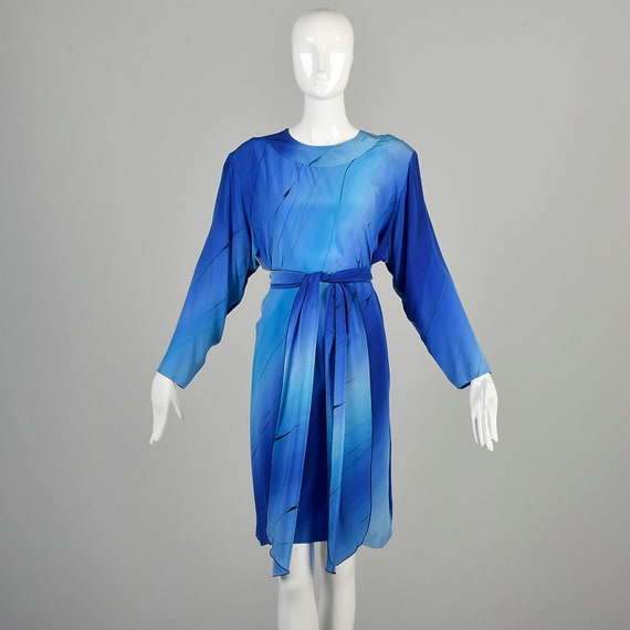 XL 1980s Blue Silk Dress Hand Painted Abstract Bl… - image 1