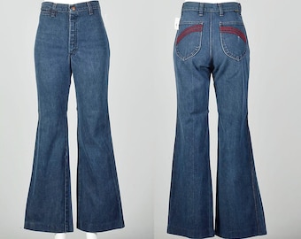 Small 1970s Jeans High Waisted Hippie Bell Bottoms Embroidered Pockets
