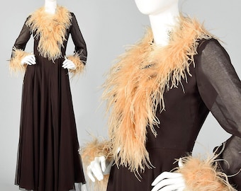 Small 1970s Feather Trimmed Jumpsuit Huge Palazzo Legs Wide Leg Jumpsuit Sexy Disco Evening Wear 70s Vintage