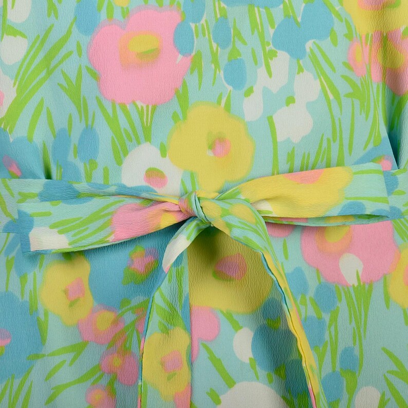 XL 1960s Spring Green Dress Pastel Floral Grass Yellow Pink Blue Sleeveless Summer Casual Colorful Shift Mini Dress image 7