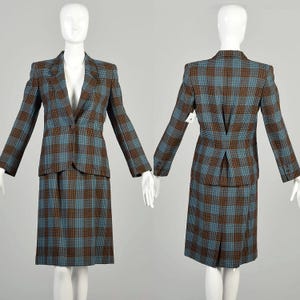 XS 1970s Blue Brown Plaid Suit Set Front Button Blazer Jacket Knee Length Pencil Skirt Office Separates Ensemble