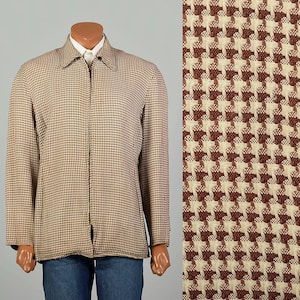 Large 1950s Vintage Brown Cream Rayon Houndstooth Zip Front Distressed Well Loved Bomber Collared Casual Layer Jacket Top Metal Zipper Coat
