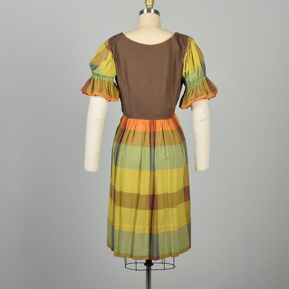 Small 1940s Plaid Cotton Dress Green Brown Mustar… - image 2