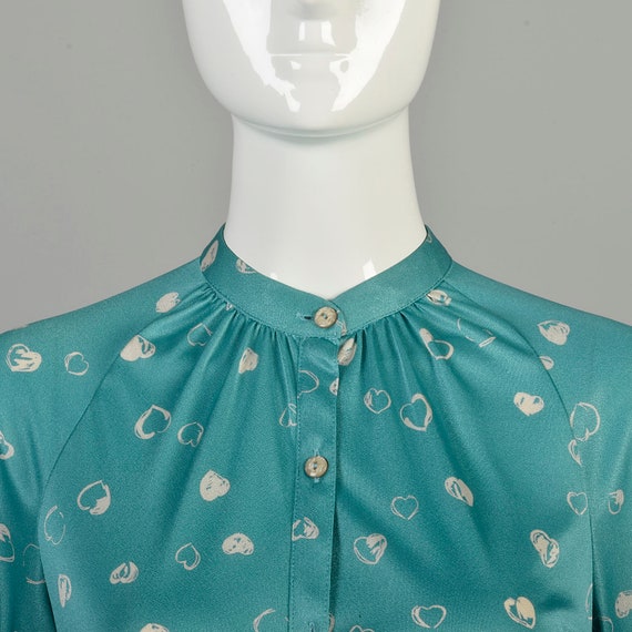 Small 1970s Teal Hearts Blouse Skirt Belt Set Hal… - image 6