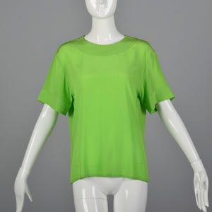 Medium 1990s Max Mara Green Silk Top Short Sleeve Blouse Lightweight Separates Spring Summer 90s Vintage Designer