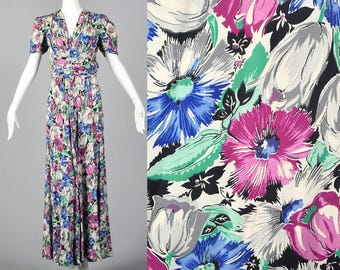 Small 1940s Floral Print Rayon Dress Short Sleeve Maxi Dress Large Floral Print Gathered Bodice Waist 40s Vintage