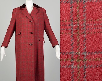 Abrigo mediano de los años 60, chaqueta de invierno de lana roja de tweed a cuadros, estilo cuadrado, vintage