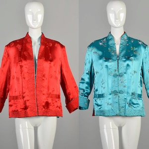 Chaqueta XL de los años 60, reversible, de seda roja y azul, con estampado asiático
