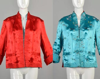 Giacca XL anni '60 in seta rossa e blu reversibile con motivo asiatico