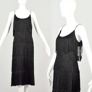 Großes schwarzes Fransen-Cocktailkleid aus den 1970er Jahren, knielang, Spaghettiträger, Partykleid im Flapper-Stil, Kostüm für Halloween, Goldene Zwanziger, Vintage-Flapper-Kleid