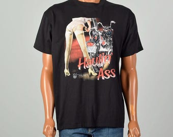 1990s XL T shirt Tee Biker Moto Motorcycle Adult Theme Risque Black Flames Booty American USA