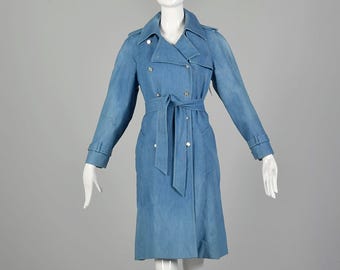 XS jaren 70 boho denim trenchcoat met dubbele rij knopen, geruite voering, casual herfstjas