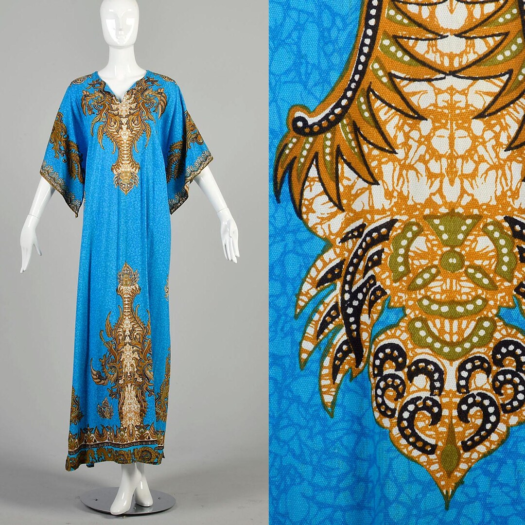 Yellow Blue Long Sleeve Batik Kaftan