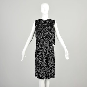 Small 1960s Black Sequin Outfit Sleeveless Top Knee Length Pencil Skirt Elegant Formal Cocktail Separates Ensemble Set
