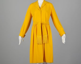 Medium Yellow Dress 1970s Long Sleeve Dress Collared Belted Shirtdress