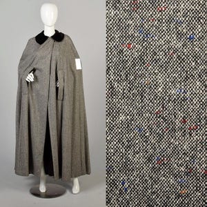 OSFM Vintage 1970s Full Length Maxi Cape Flecked Wool Tweed Cloak Velvet Collar