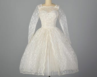 XS 1950s Dress White Lace Wedding Dress Short Wedding Gown Sheer Lace Sleeves Full Tulle Skirt Bridal Midcentury 50s Vintage