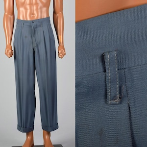 Small 1950s Mens Pleat Front Pants Pockets Cuffs Slight Taper Crotch Gusset Stained Blue Gray 50s Vintage Pants