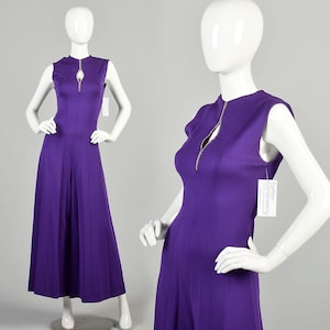 Small 1970s Royal Purple Jumpsuit Keyhole Bust Rhinestone Sleeveless Wide Leg Palazzo Outfit