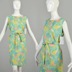 XL 1960s Spring Green Dress Pastel Floral Grass Yellow Pink Blue Sleeveless Summer Casual Colorful Shift Mini Dress image 1