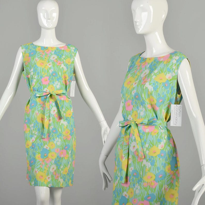 XL 1960s Spring Green Dress Pastel Floral Grass Yellow Pink Blue Sleeveless Summer Casual Colorful Shift Mini Dress image 1