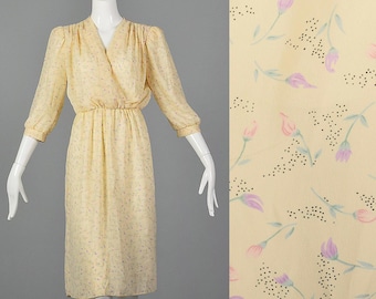 Small Diane Von Furstenberg Cream Floral Dress Semi Sheer Silky Feel Lightweight Elastic Waist Vintage 1980s Secretary Dress