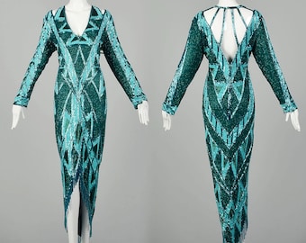 Large 1980s Bob Mackie Designer Vintage Cher Beaded Gown Caged Back Hi Low Beaded Fringe Hem