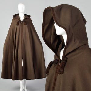1976 Cape Yves Saint Laurent Brown Wool Cloak with Pointed Hood Tassels Large Sweep