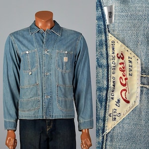 Medium Chambray Shirt Jacket Adriano Goldschmied 90s Long Sleeve Work Wear Inspired Button Up with Donut Buttons Rivets Patch Pockets